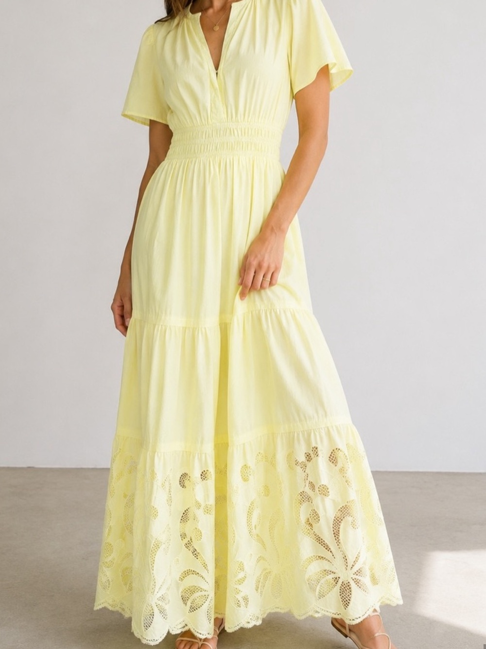 Haute Hippie Light Yellow Maxi Dress with Eyelet Hem - Size XS